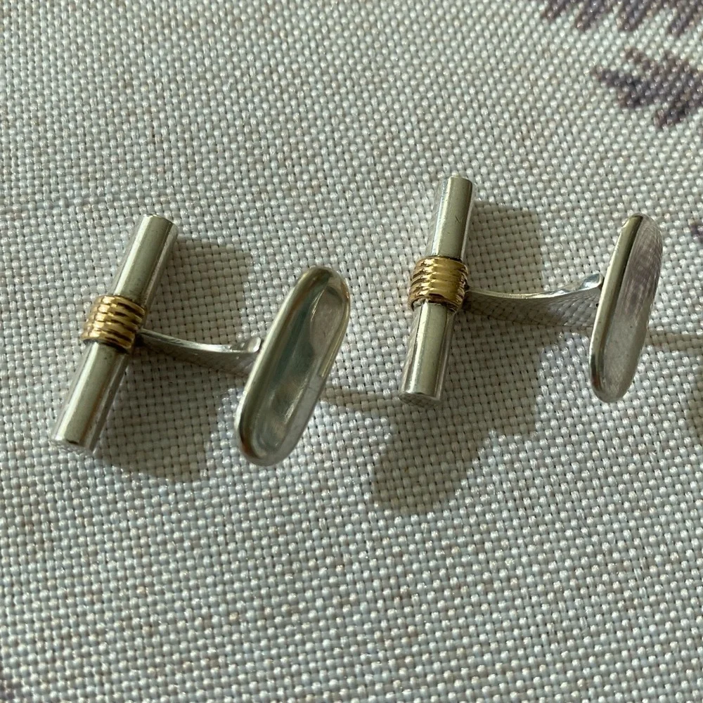Vintage Sterling Silver barrel Cufflinks with gold accents made in Italy